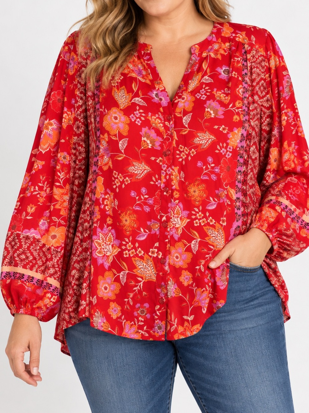 Liverpool Red Floral Split-Neck Balloon-Sleeve Blouse